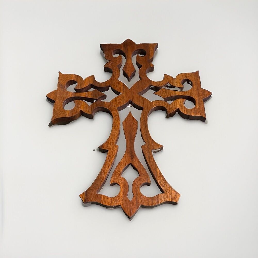 Handcrafted Scroll Saw Cut Oak Cross- for wall hanging 9”x 8-3/4”